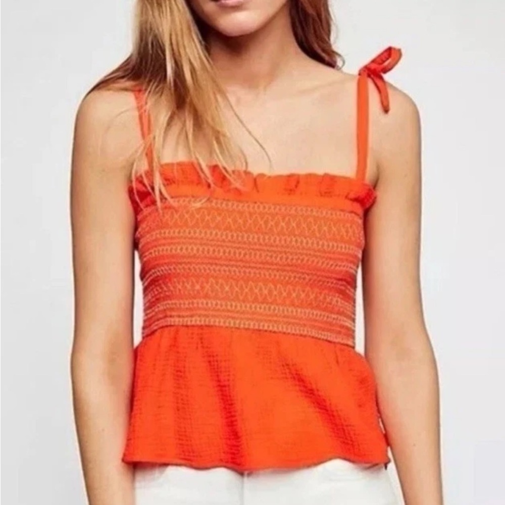 Free People Orange Smocked Tied Straps Tank Top Size Medium